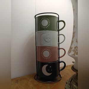 Ceramic Sun and Moon Mug Set with Stand - Green, White, Pink, Black Stoneware 🩷